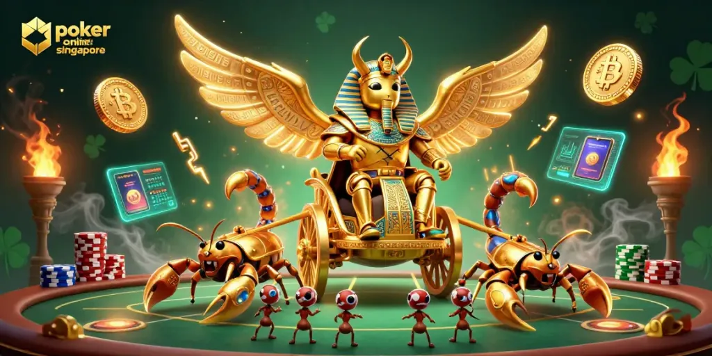 Engage in thrilling poker online Singapore with vibrant 3D cartoon scene depicting excitement and crypto elements.