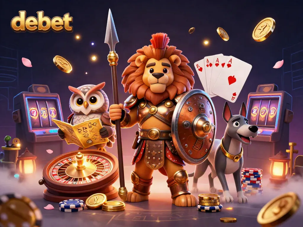 Experience the thrill of debet gaming with a bold Spartan lion, owl strategist, and greyhound messenger surrounded by vibrant casino elements.