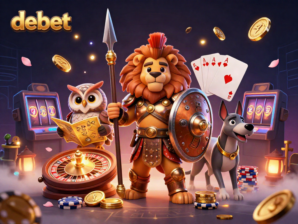 Experience the thrill of debet gaming with a bold Spartan lion, owl strategist, and greyhound messenger surrounded by vibrant casino elements.