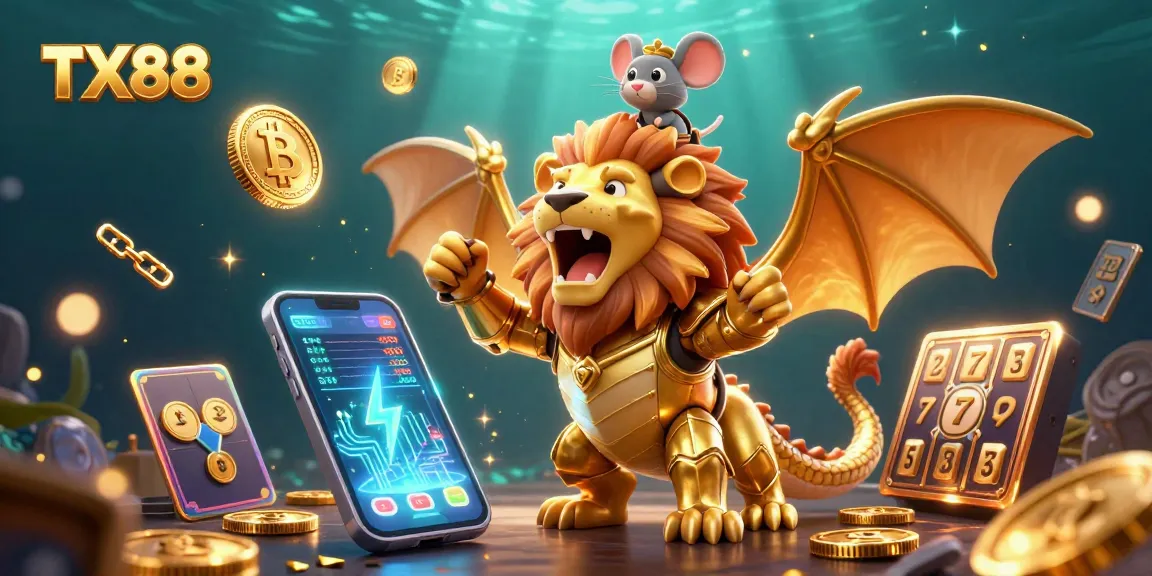 TX88 casino illustration featuring a chimera creature with a mouse jockey surrounded by crypto coins and slot elements.
