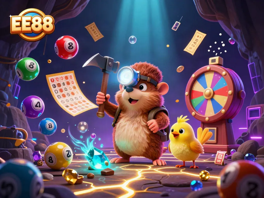 Watch the adventurous EE88 treasure hunter mole revealing hidden gems amidst casino game chaos.