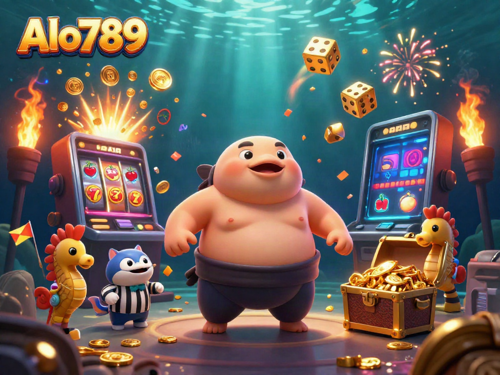 Experience the excitement of Alo789 with a lively underwater casino scene featuring a fugu and catfish referee.