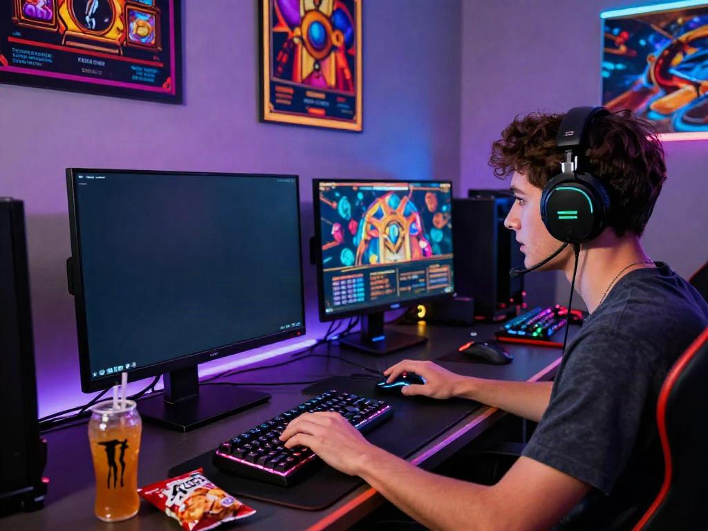 Engaged player enjoying qqmacan slot on a gaming setup with vivid animations and modern accessories.