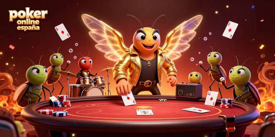 Juega póker online en España con esta animación colorida y vibrante que muestra un emocionante entorno de juego.