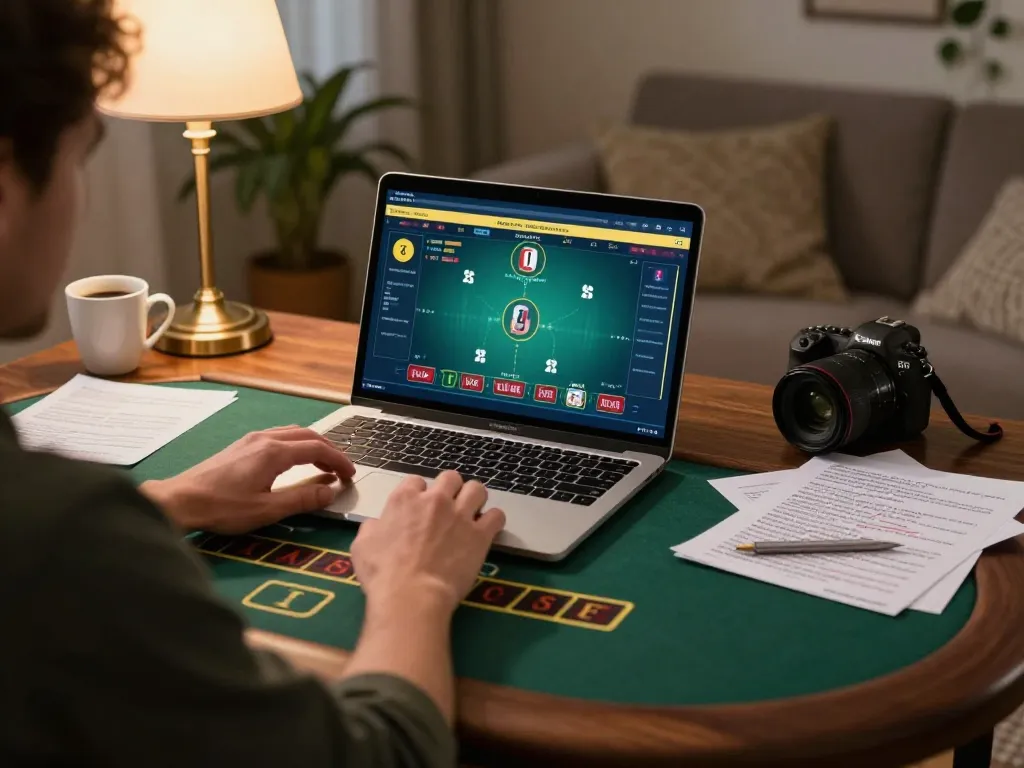 Player engaged in live dealer blackjack game using laptop at donkeyotdenver, showcasing home gaming atmosphere.