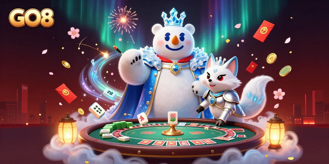 Engage with GO8's vibrant casino world featuring a majestic polar bear and snow fox.