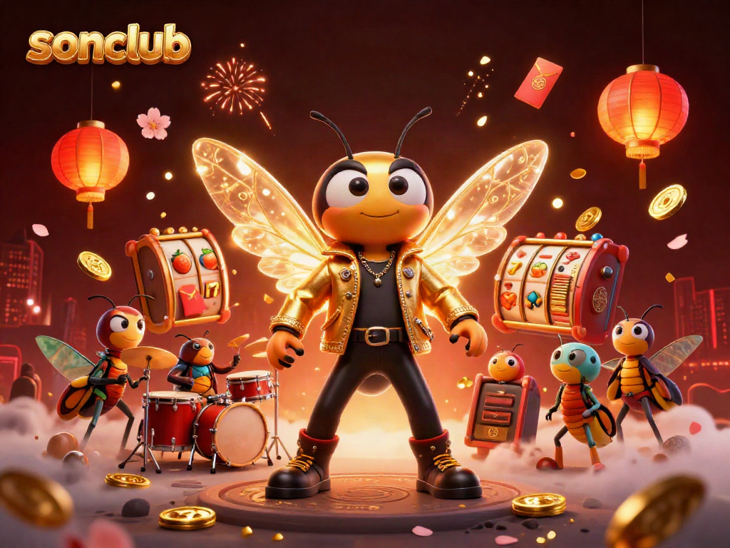 Experience the excitement of sonclub with a vibrant illustration of a rocking cicada and dynamic gambling elements.