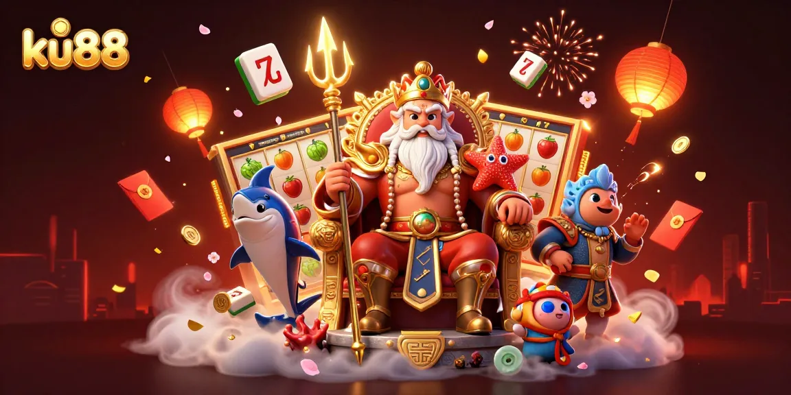 ku88 showcases an exciting casino scene with Neptune and vibrant slot reels and festive fireworks.
