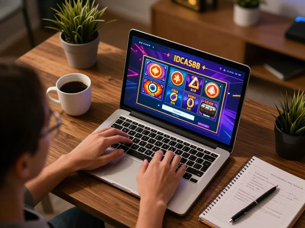Engaging with IDCASH88 Login on a laptop in a cozy home workspace showcasing strategies and slot game options.