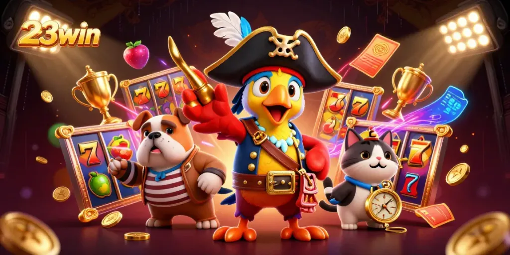 Experience thrilling slots and jackpots at 23win featuring exciting characters in a vibrant casino scene.