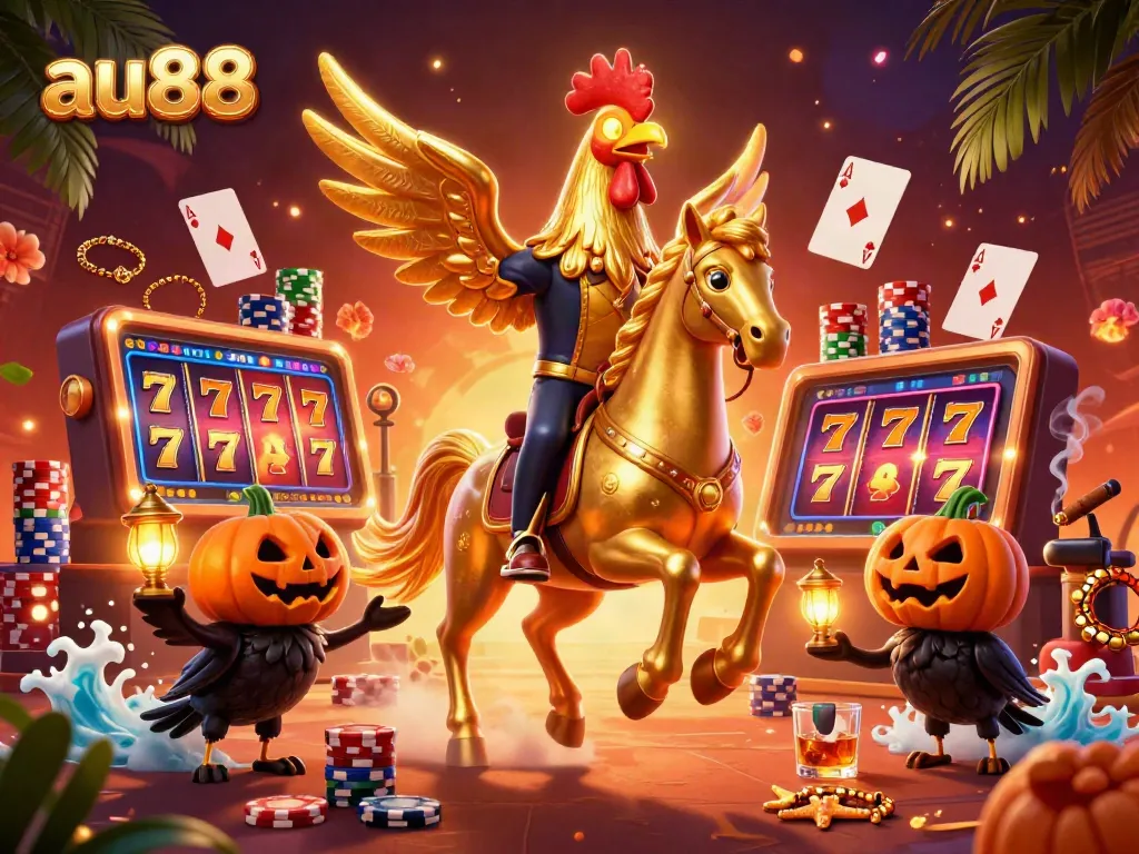 Experience thrilling gaming action at au88 with dynamic scenes of gold-rooster characters at the casino.