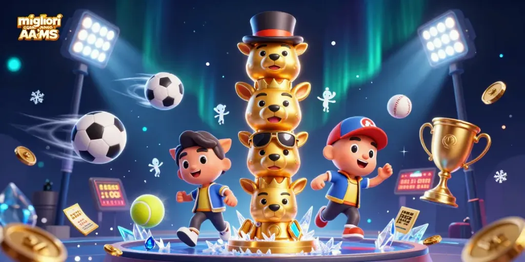 I migliori casino non AAMS: illustrazione animata di un totem dorato circondato da elementi sportivi e casinò.