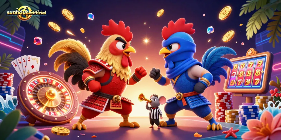 Experience thrilling rooster battles in a vibrant illustration featuring sunhouseofficial.
