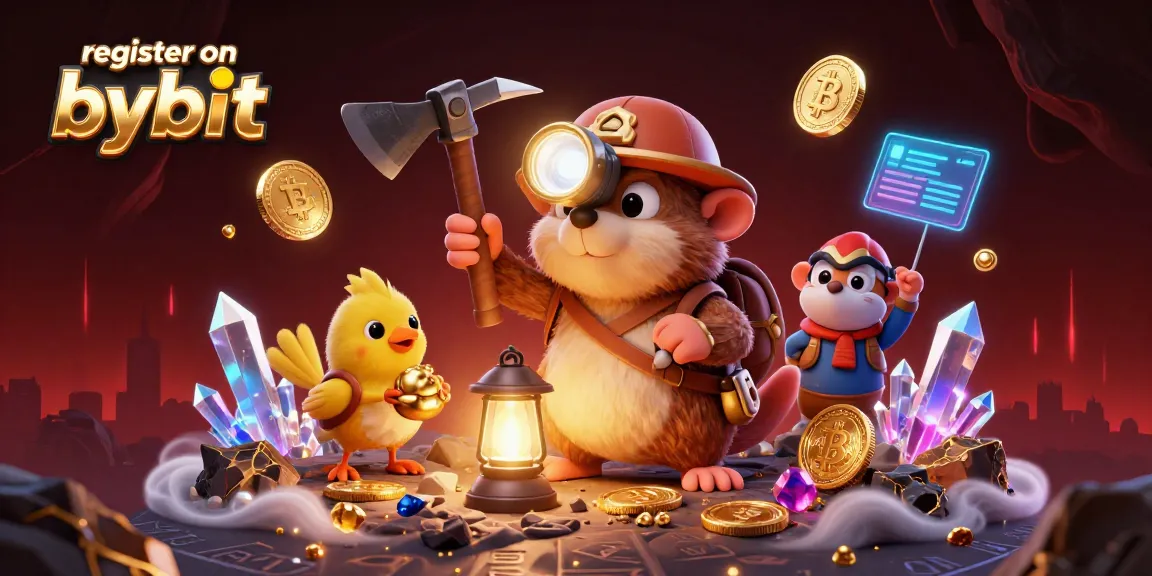 Register on Bybit with a crypto-themed illustration featuring a treasure hunter mole and canary in a mining scene.