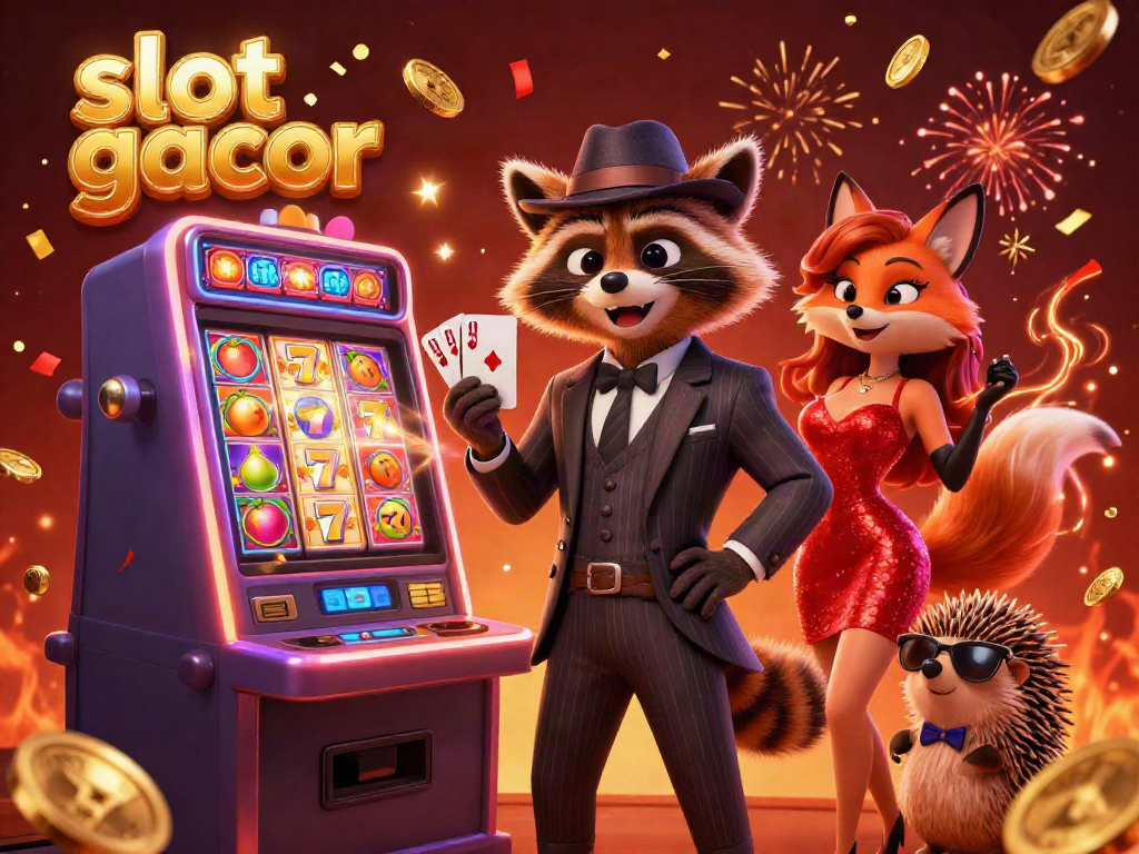 Win big with slot gacor as a suave raccoon and companions celebrate at a dynamic slot machine.