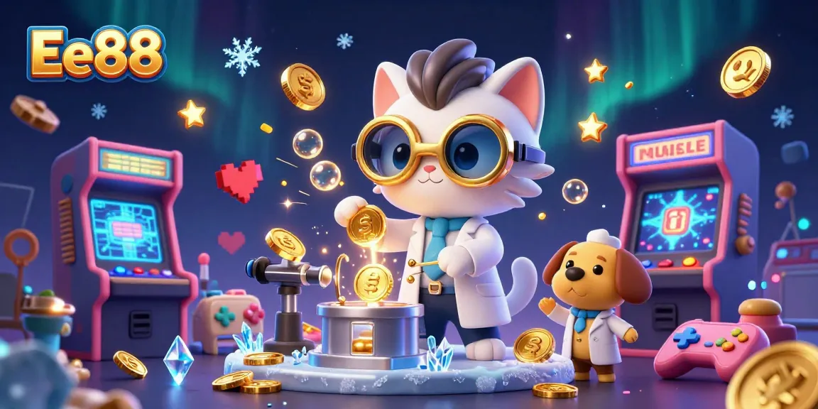 Experience the thrill of Ee88 with golden coins and arcade games in this vibrant illustration.