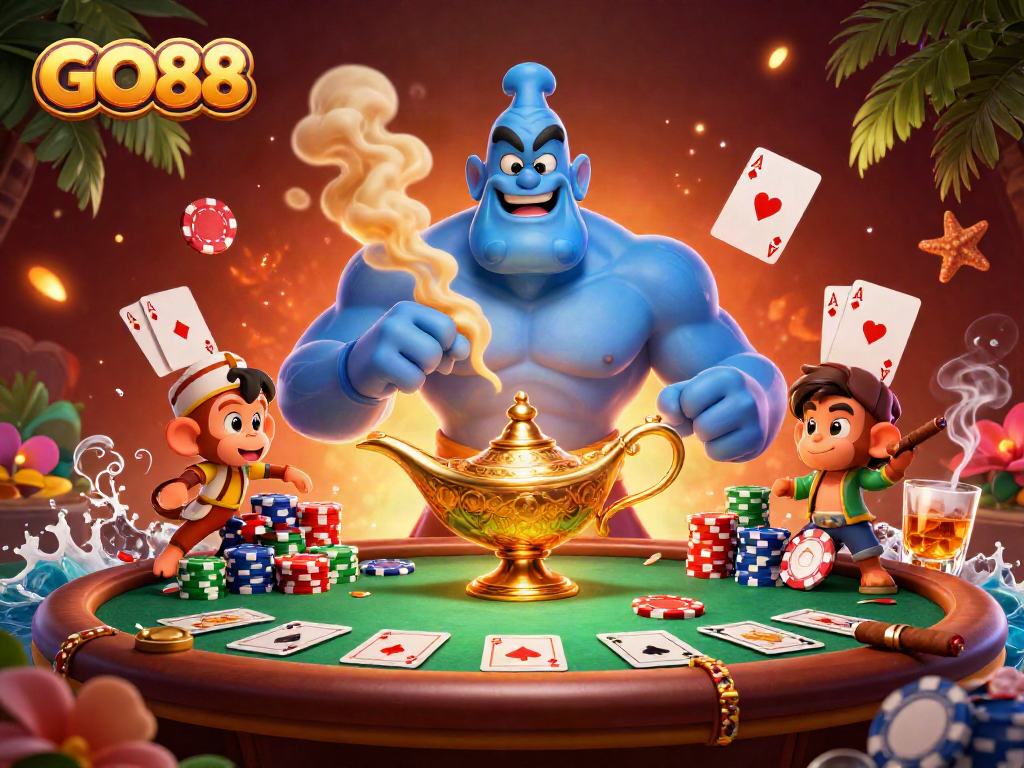 Engage with GO88 casino through vibrant visuals of genie and poker chaos.