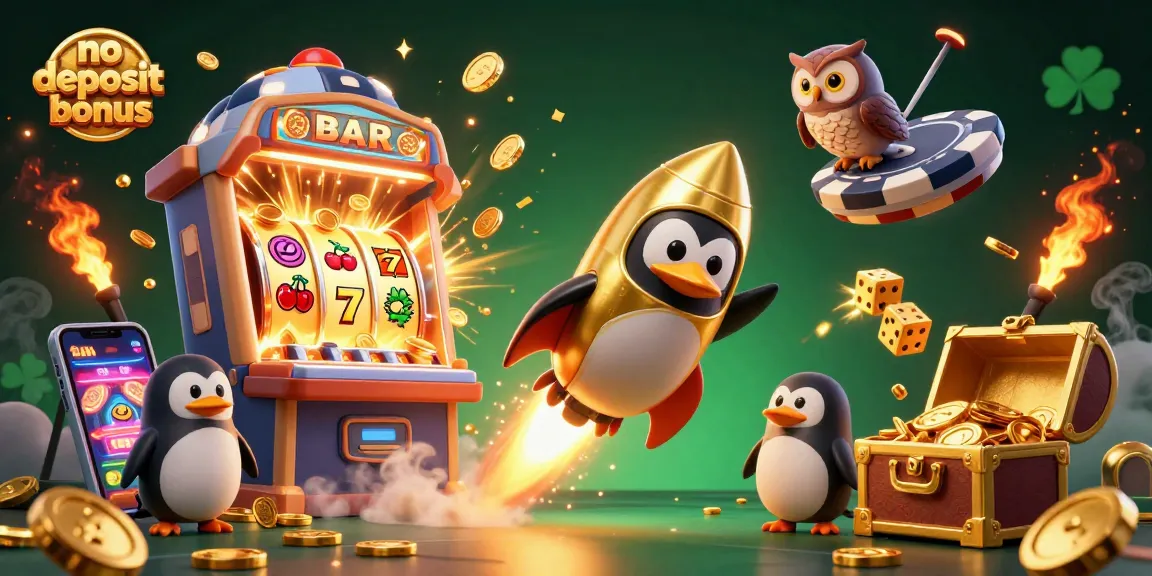 Experience the excitement of the no deposit bonus with a dynamic casino-themed illustration featuring golden coins, slot machines, and a rocket-powered penguin.