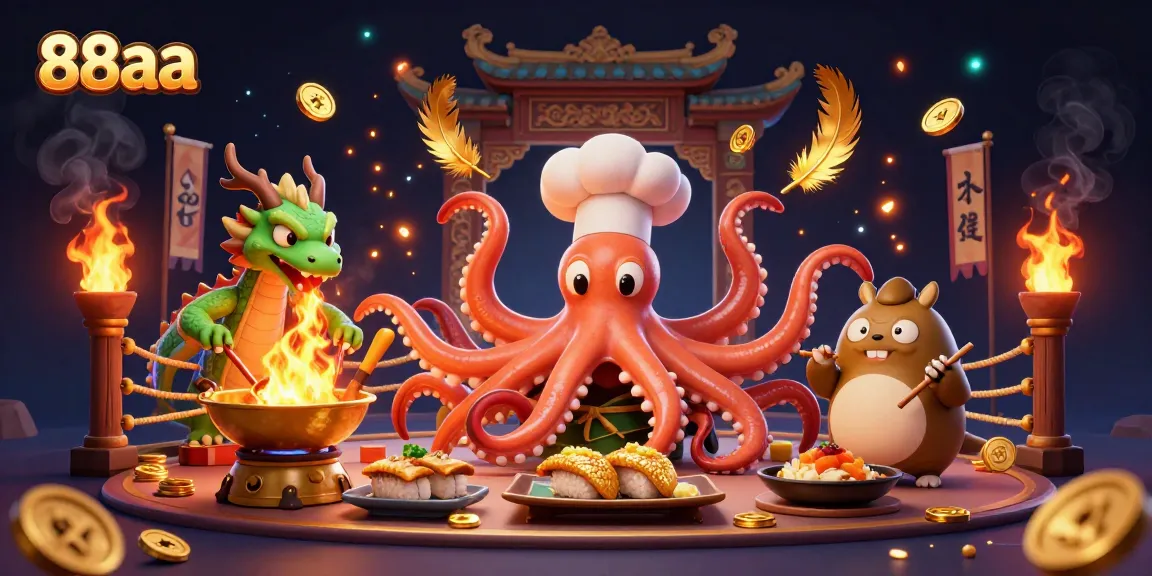 Engage in exhilarating gaming with 88aa, where a fiery dragon and a crafty tanuki join a culinary octopus.