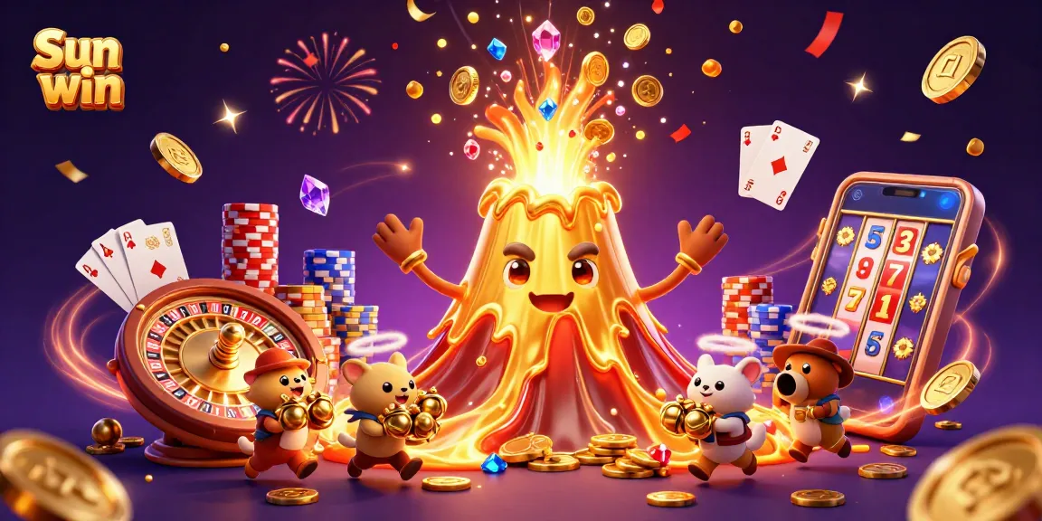 Sun win showcases a vibrant casino scene with a golden volcano erupting coins and treasures, thrilling players.