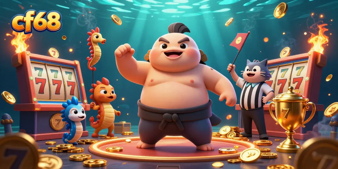Join the excitement of cf68 with an underwater casino featuring a cartoon fugu and golden slot reels.