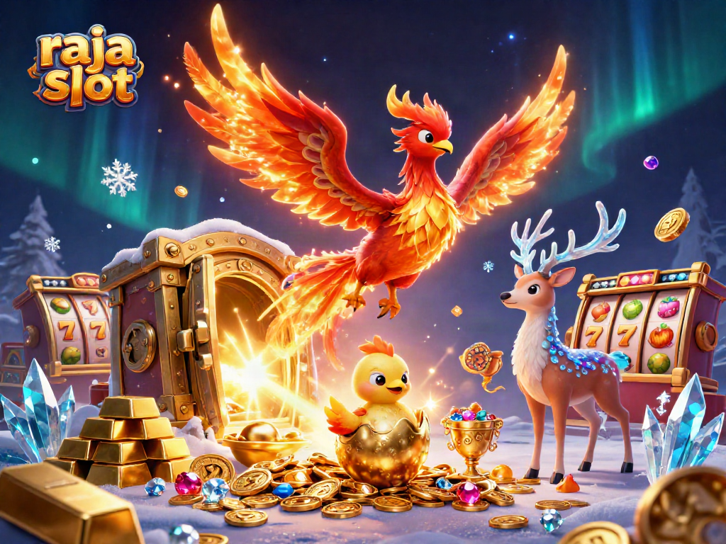 Experience thrilling raja slot action with a vibrant casino scene featuring a hatching phoenix and treasures.