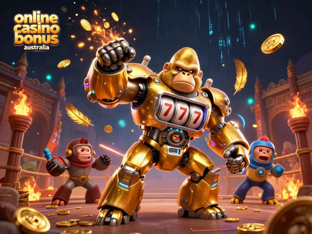 Experience the excitement of online casino bonus australia with vibrant slots, gold coins, and dynamic gaming characters.