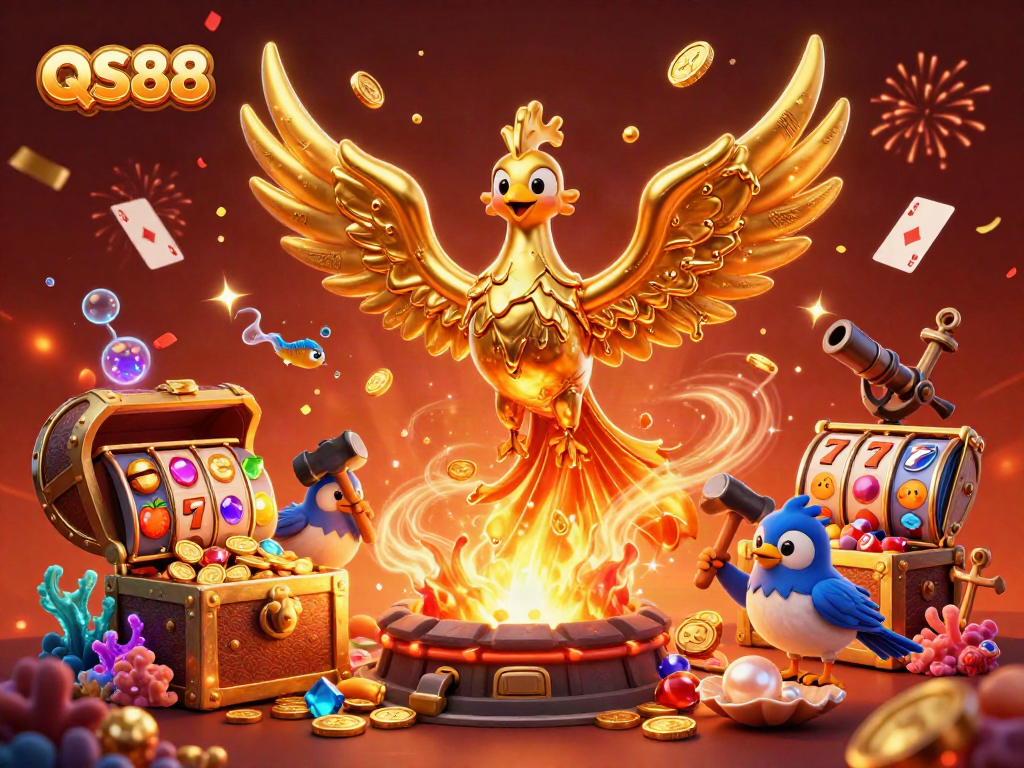 Experience the exciting world of QS88 with a molten golden phoenix amidst slots, confetti, and underwater treasures.