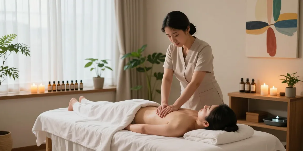 Relaxing 의왕출장마사지 scene in tranquil therapy room with candles and plants
