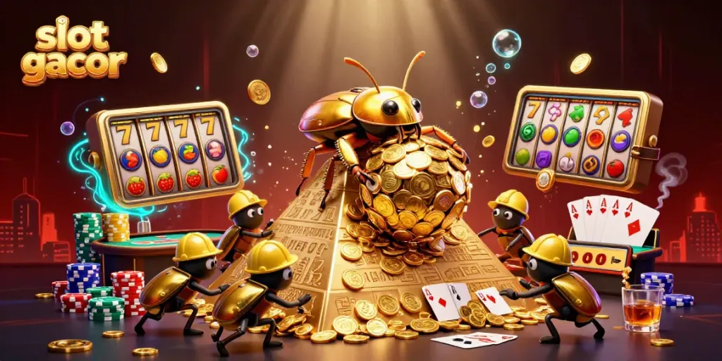 Experience thrilling slot gacor action with golden beetles and vibrant casino elements in this dynamic illustration.