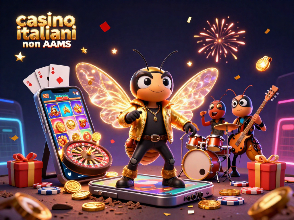 Immagine vivace di casino italiani non AAMS con una cicala rockstar, rulli delle slot e monete d'oro.