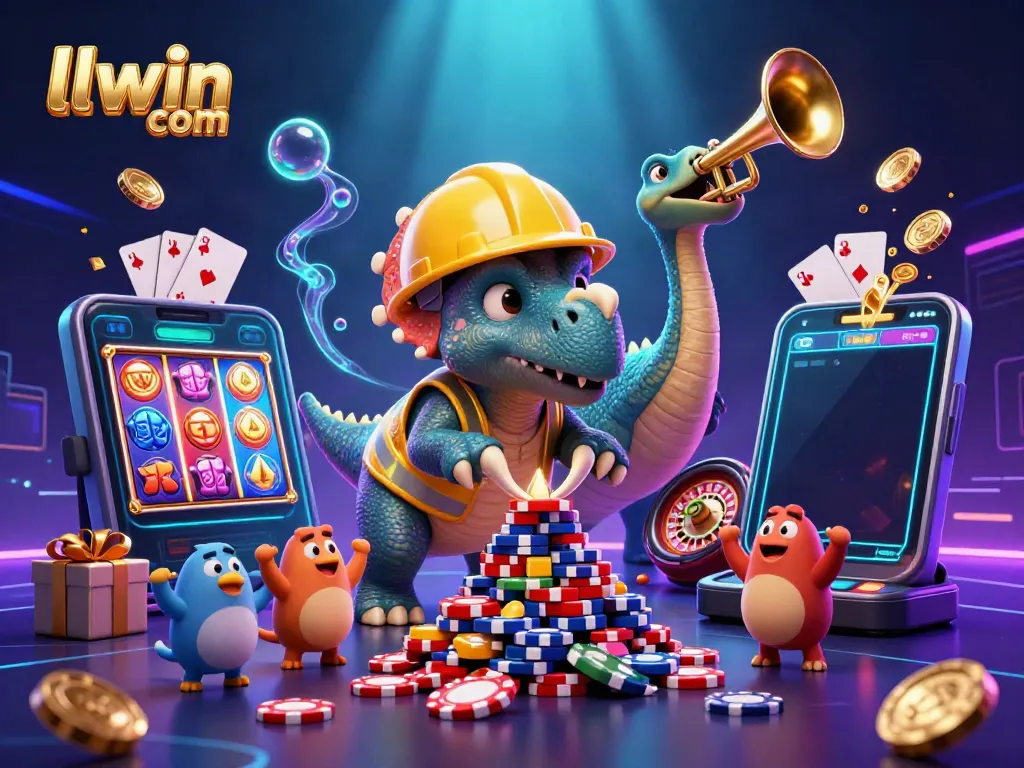 Experience llwin com with this dynamic scene featuring a triceratops celebrating and creating a poker chip pyramid.
