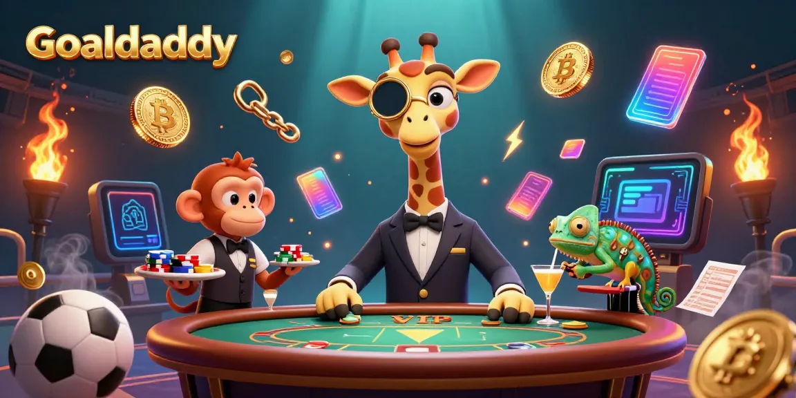 Goaldaddy showcases a high-roller giraffe betting on sports with vibrant neon crypto coins, illustrating premier online gambling.