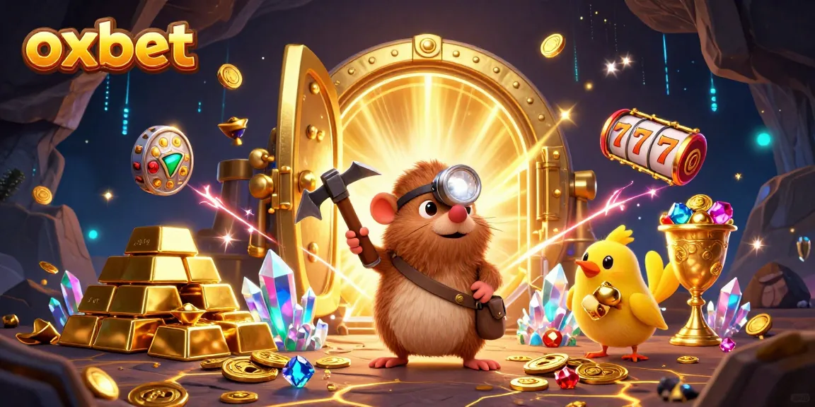 Spin the reels at oxbet, a treasure-laden scene featuring a cartoon mole and gold-rich environment.