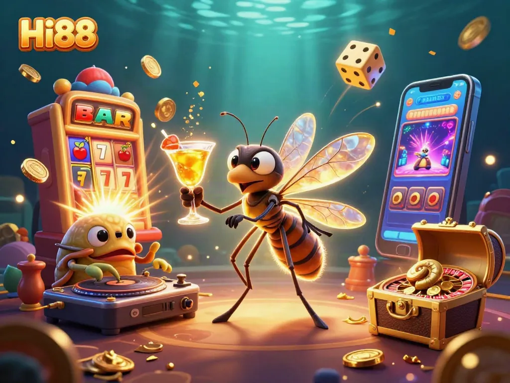 Join the Hi88 online casino experience with a lively mascot and thrilling games exploding from all directions.