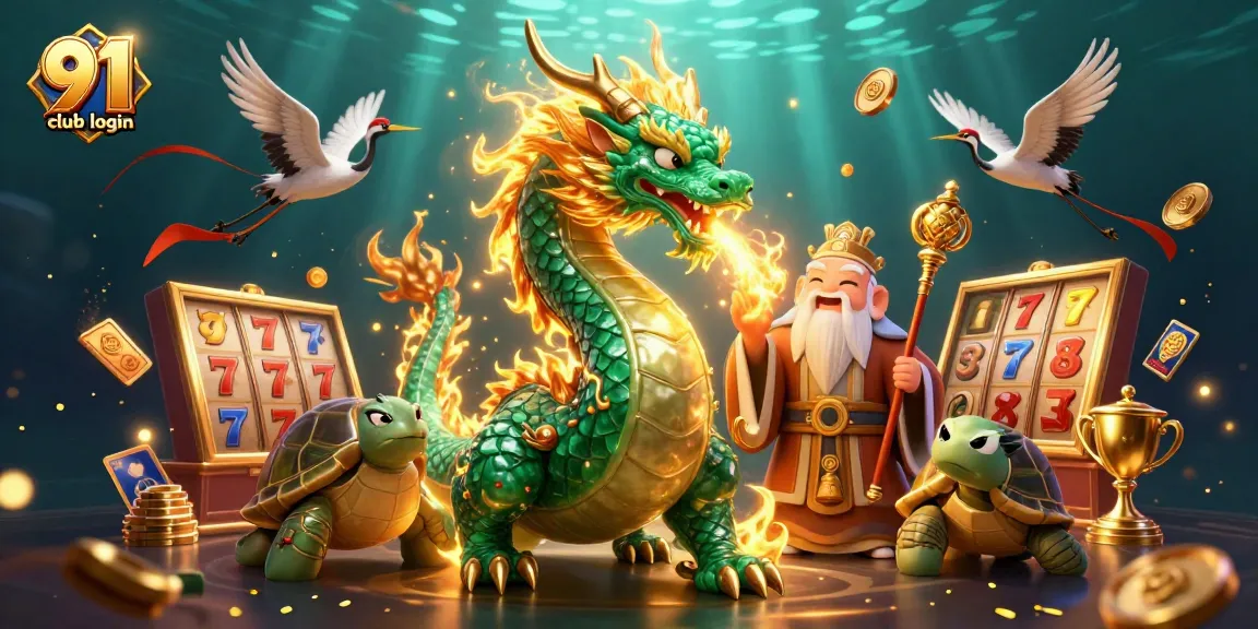 Engage with the 91 club login, featuring a vibrant 3D scene with a jade dragon and casino elements.