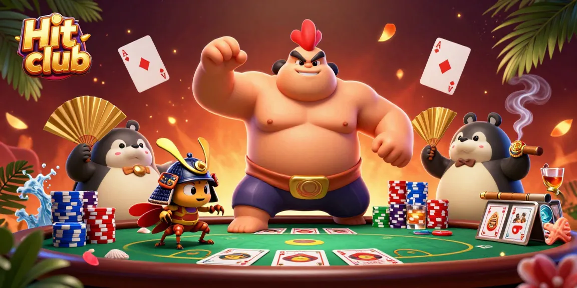 Engage with the thrilling Hit club atmosphere featuring a powerful sumo wrestler, fierce cricket, and tanuki announcer.