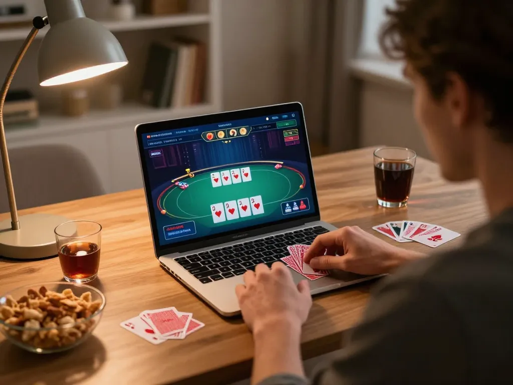 Engaged player strategizing in online poker game on laptop, inspired by emailcopyguru content