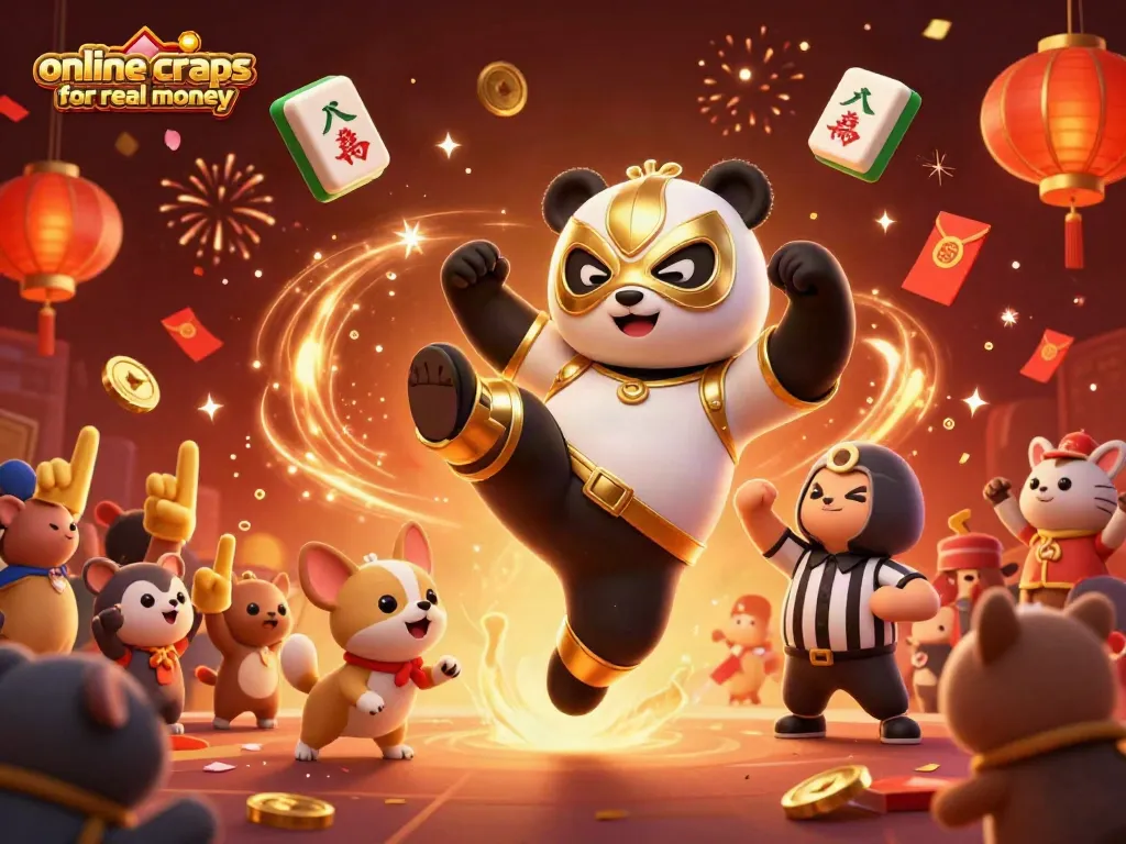 Engage in thrilling online craps games for real money with an animated wrestling panda in a lively casino atmosphere.