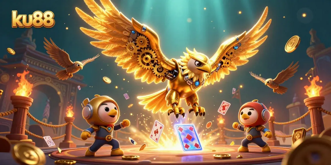 ku88 showcases winning strategies with a dynamic 3D rendering of a golden eagle amidst vibrant casino elements.