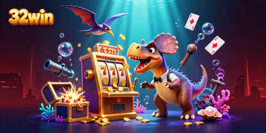 32win slot machine scene with a pachycephalosaurus winning coins while a panicked manager cheers.
