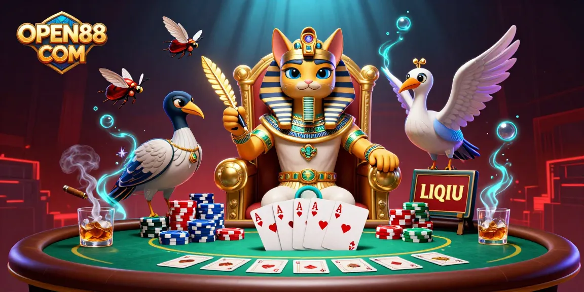 Join the excitement of OPEN88 COM with a royal Egyptian-themed poker scene filled with vibrant betting elements.