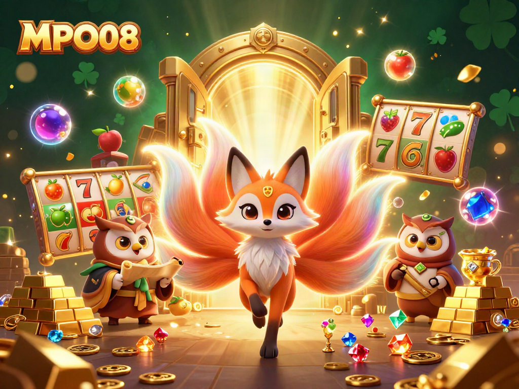 MPO08 slots illustration featuring a colorful nine-tailed fox and wise owl among gold treasures and slot game elements.