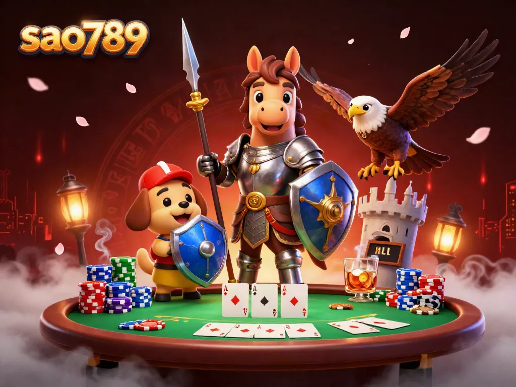 Experience the excitement of sao789 gaming with knights, chips, cards, and a vibrant casino atmosphere.