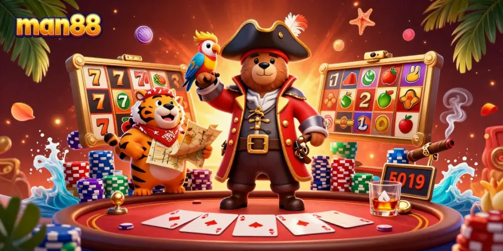 Engage with thrilling slot adventures at man88 amidst vibrant 3D characters and casino elements.