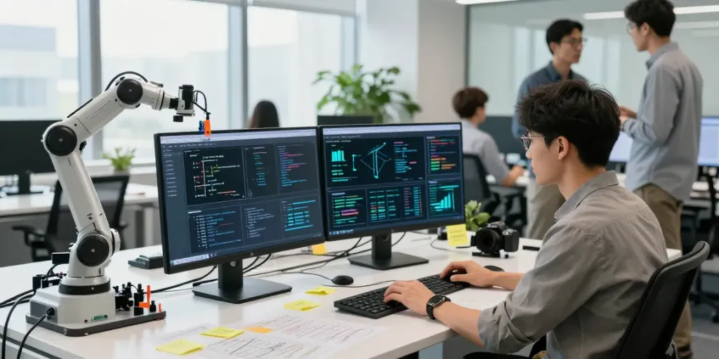 Enterprise AI engineer developing solutions in a bright modern office.