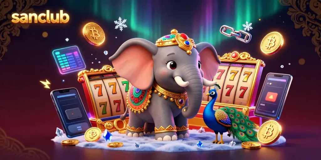 Experience thrilling wins and jackpots at sanclub with an elaborate golden casino scene.