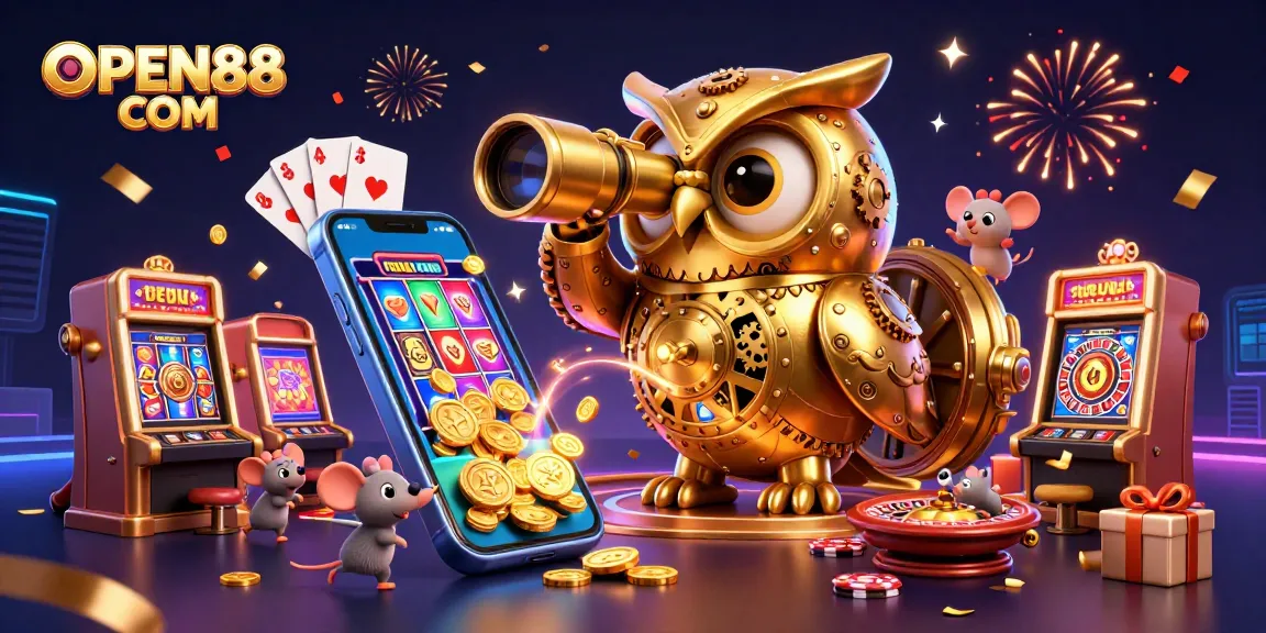 Engage in thrilling games at OPEN88 COM, featuring a colorful casino scene with vibrant elements.