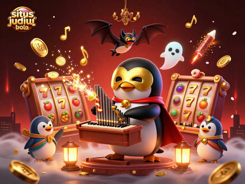 Engage in situs judi bola action with a colorful scene of a penguin playing an organ amidst gold coins, lucky symbols, and festive elements.