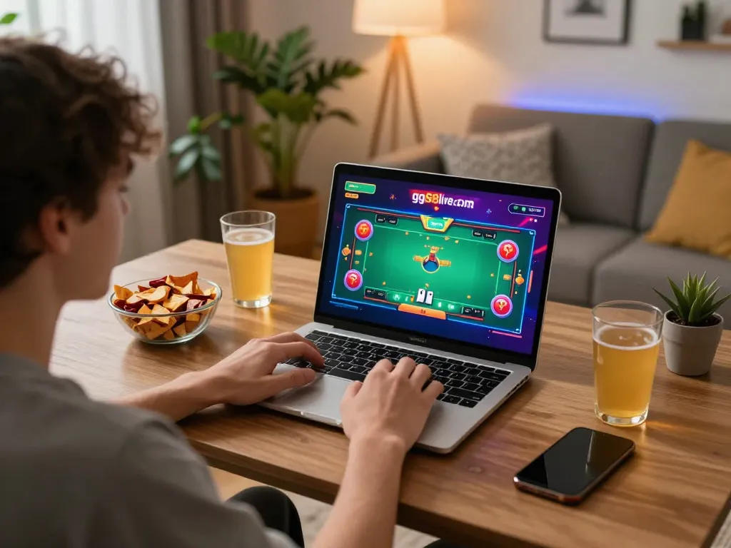 Engaging gameplay on gg88live showing an online poker setup in a cozy home.